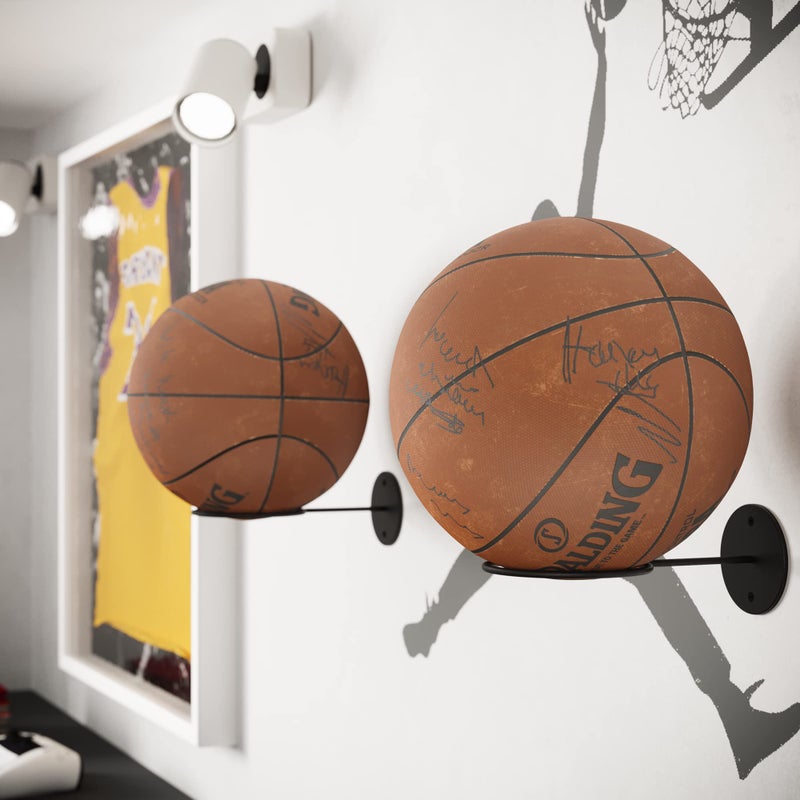 والنيتشر Wallniture Palla Ball تخزين الرف مجموعة من 2 كرة القدم الكرة الطائرة كرة القدم وكرة السلة رف للرجل الكهف وغرفة الأطفال عرض ديكور حامل للتذكارات الرياضية أسود - Image 3